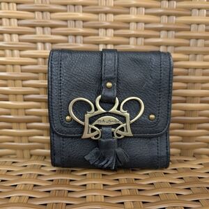 Kate Landry Black Leather Wallet Signature Brass Charm Tassel Stud Accents Small